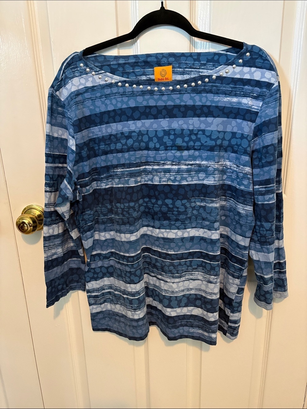 Ruby Rd. Navy and Light Blue Striped Stud-Trim Long Sleeve Top